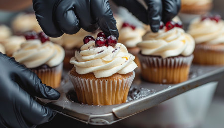 Pastry chef s skilled hands decorating cupcakes with cream cheese frosting and red berriesの素材