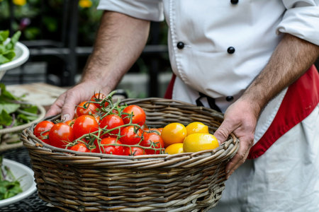 Enigmatic chef harvesting ripe vegetables in a picturesque rural farm environmentの素材