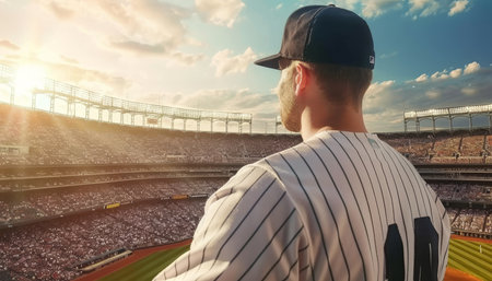 Baseball player standing ready in stadium, wide banner image capturing the essence of the gameの素材