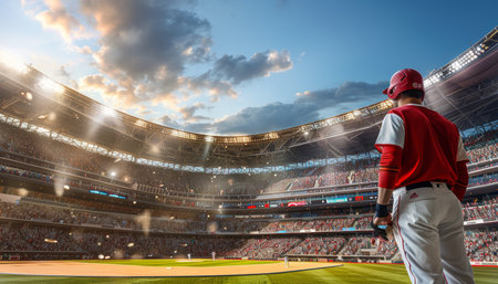 Baseball player positioned at stadium center, prepared for play, showcased on a wide banner displayの素材