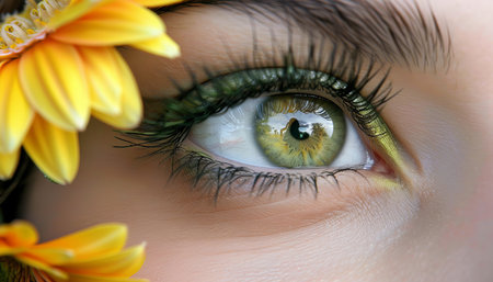 Close up  woman s eye amidst vibrant green foliage and colorful flowers, nature sceneの素材