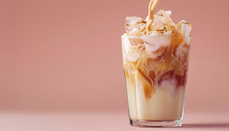 Pouring milk into iced coffee on pastel background with space for text, ideal for creative designsの素材