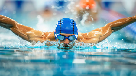 Swimmer s hands entering water in breaststroke  olympic games technique emphasisの素材