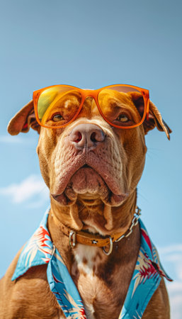Adorable dog in trendy orange sunglasses and vibrant hawaiian shirt for a stylish lookの素材