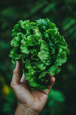 Hand holding crisp lettuce leaves, assorted lettuces on blurred background with room for textの素材