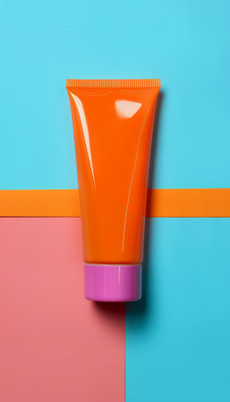 Vibrant orange sunscreen container on soft colored background with space for textの素材