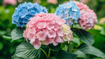 Close up of vibrant blue and pink flowers in a stunning and colorful arrangementの素材
