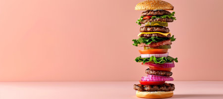 Deconstructed burger layers floating on pastel background with ample copy space for text placementの素材