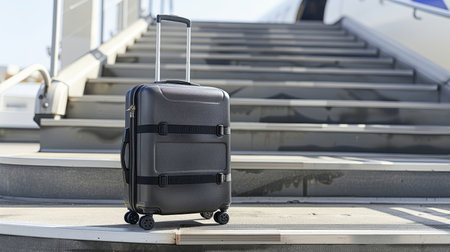 Travel suitcase placed by the entrance of an airplane ready for boarding passengersの素材