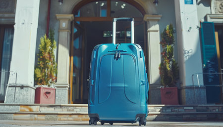 Elegant and chic travel suitcase displayed at the entrance of a prestigious luxury hotelの素材