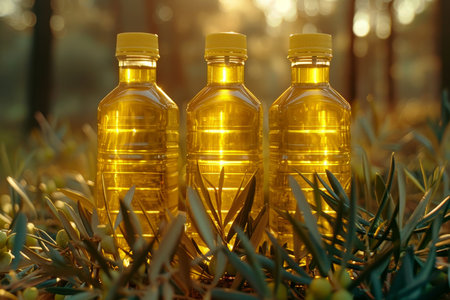 Golden olive oil bottles in rural field under morning sunlight with copy space in wide bannerの素材