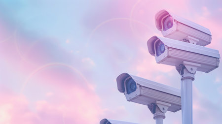 Professional white security cameras with holographic accents on soft pastel backgroundの素材
