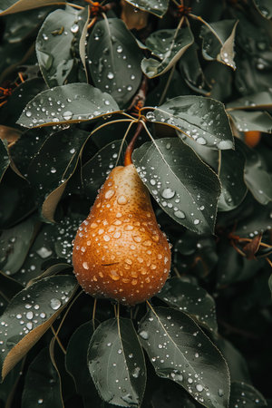 Macro close up of juicy pear with dew drops on tree, ideal as wide banner with space for textの素材