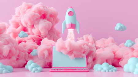 Startup success  laptop launching rocket with dramatic smoke symbolizing business taking offの素材