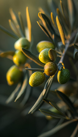 Close up of green olives on spanish olive tree branch on sunny day, showcasing vibrant colorsの素材