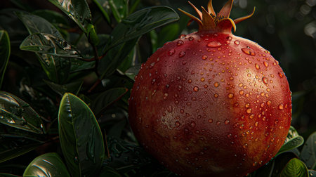 Macro close up of juicy pomegranate fruit on tree with dew drops, wide banner with copy spaceの素材