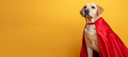 Cute puppy in superhero outfit gazing into distance on pastel background with space for textの素材