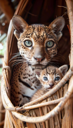 Male jaguarundi and kitten portrait with empty space on left for text, object on right sideの素材