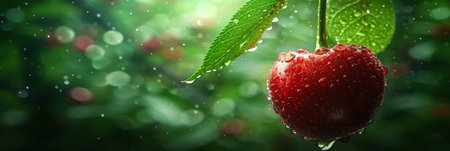 Macro close up of fresh cherry on tree with water droplets, perfect for banner with copy spaceの素材