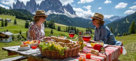 Romantic picnic amidst dolomites  greenery  couple enjoying outdoors in italy under clear blue skyの素材