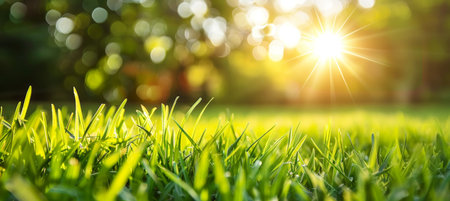 Defocused sunny spring meadow blur with gradient from blue sky to green grass bokeh effectの素材