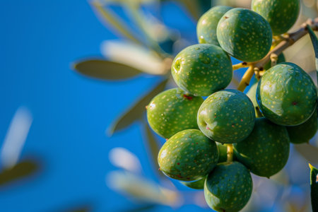 Close up view of a spanish olive tree branch with ripe green olives on a sunny dayの素材