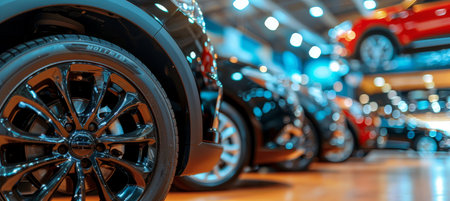 Luxurious black car showcased in modern dealership showroom for sale and rent servicesの素材