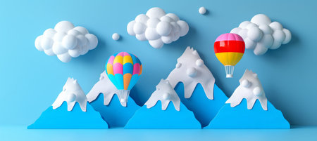 Colorful hot air balloons drift gracefully over the breathtaking mountainous landscapeの素材