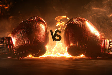 Iconic boxing match poster featuring famous fighters with vs letters for versus in the centerの素材