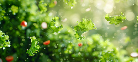 Fresh salad ingredients  arugula, lettuce, radish, and tomato on green backgroundの素材