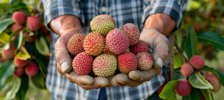 Fresh lychee selection on blurred background with copy space, hand holding ripe lycheeの素材
