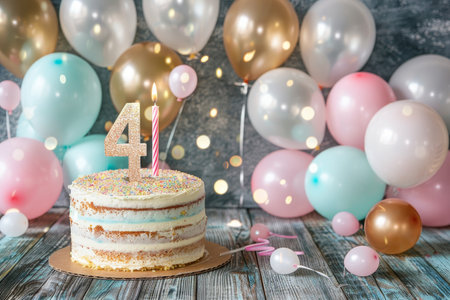 Fourth year celebration cake with number 4 candle, balloons, and festive decorationsの素材