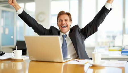 Triumphant businessman celebrates success in front of laptop with arms raised in joyの素材