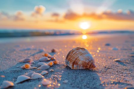 Tranquil panoramic beach sunset  inspiring tropical seascape with golden sky and calm sandの素材