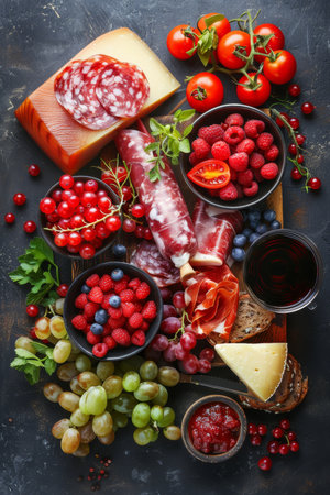 Spanish charcuterie board with jamon, sausage, fuet, cheese, and assorted berriesの素材