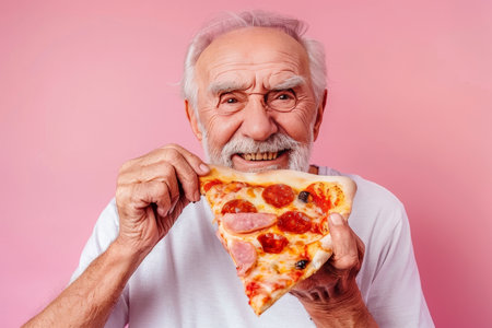 Senior man savoring pizza in vibrant portrait with ample space for text placementの素材