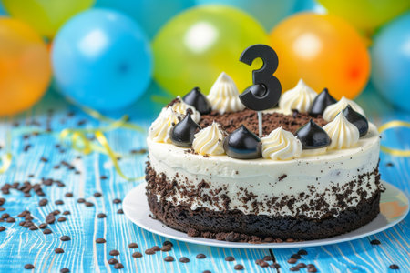Celebratory cake with number 3 candle, balloons, and decorations for festive occasionsの素材