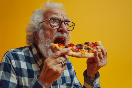 Senior man savoring pizza in vibrant portrait with ample space for text placementの素材