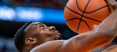 Intense focus  basketball player s eyes set on target before free throw in summer olympicsの素材