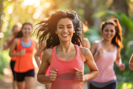 Happy friends in athletic attire enjoy a morning jog together in the scenic park surroundingsの素材