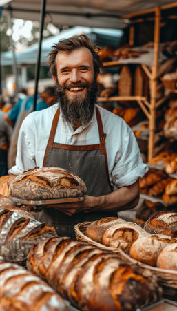 Cheerful bearded baker in apron showcasing freshly baked artisan bread for displayの素材