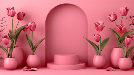 Twilight setting  tulip arch frames empty product podium for vibrant product placementの素材