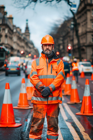 Worker s unwavering dedication to ensuring safety in roadworks on bustling urban streetsの素材