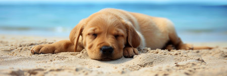 Pedigree puppy relaxing on sandy beach with tranquil ocean shore in the backgroundの素材