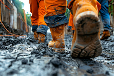 Worker s commitment to safe roadworks on bustling and heavily trafficked urban streetsの素材