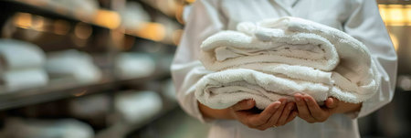 Laundry worker displaying fresh towels with a positive gesture in a bustling laundry environmentの素材