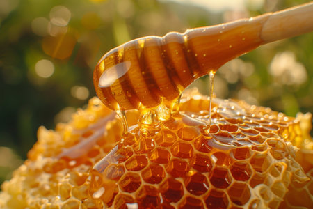 Artisanal sweetness  golden honey dripping from dipper onto glistening comb, banner with copy spaceの素材