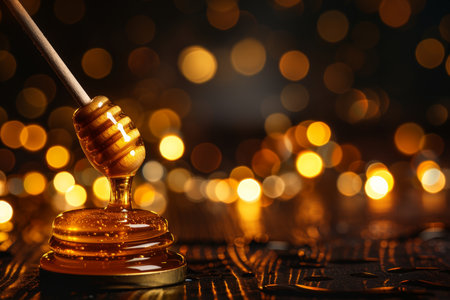 Artisanal sweetness  golden honey dripping from dipper onto glistening comb, banner with copy spaceの素材