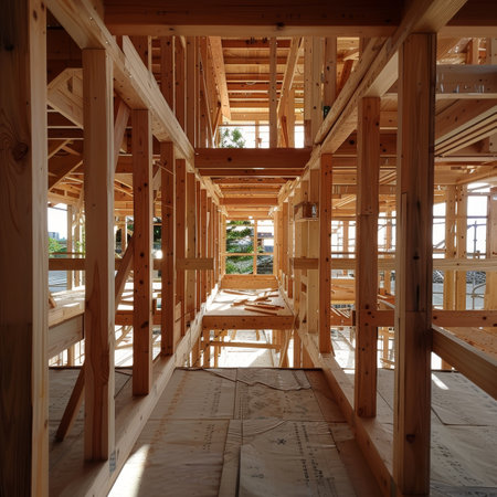 Constructing the wooden house frame  building the skeleton of a cozy and charming homeの素材