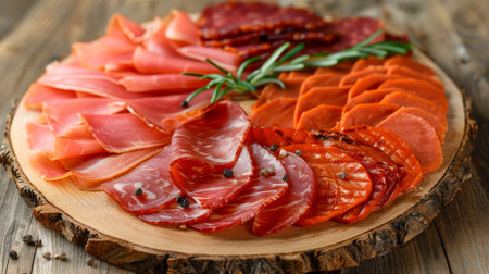Elegant display of cured ham, fresh carrot juice, and homemade mustard sauce on vintage wooden tableの素材